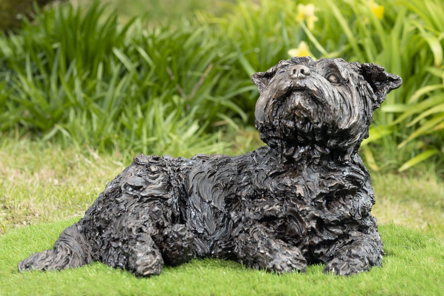 Lying Yorkshire Terrier Dog Statue Large Bronze Resin Garden Sculpture 