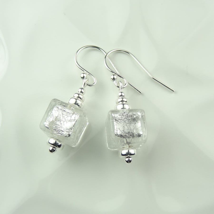 Crystal silver Murano glass drop earrings, sterling silver, cube, 8mm, gift box