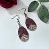 Dark red and pale matt beige beaded teardrop loop earrings