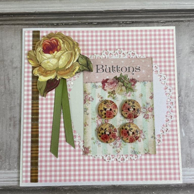 Sewing - Button and gingham card (pink) by Carolee Crafts  PB12 - 0024