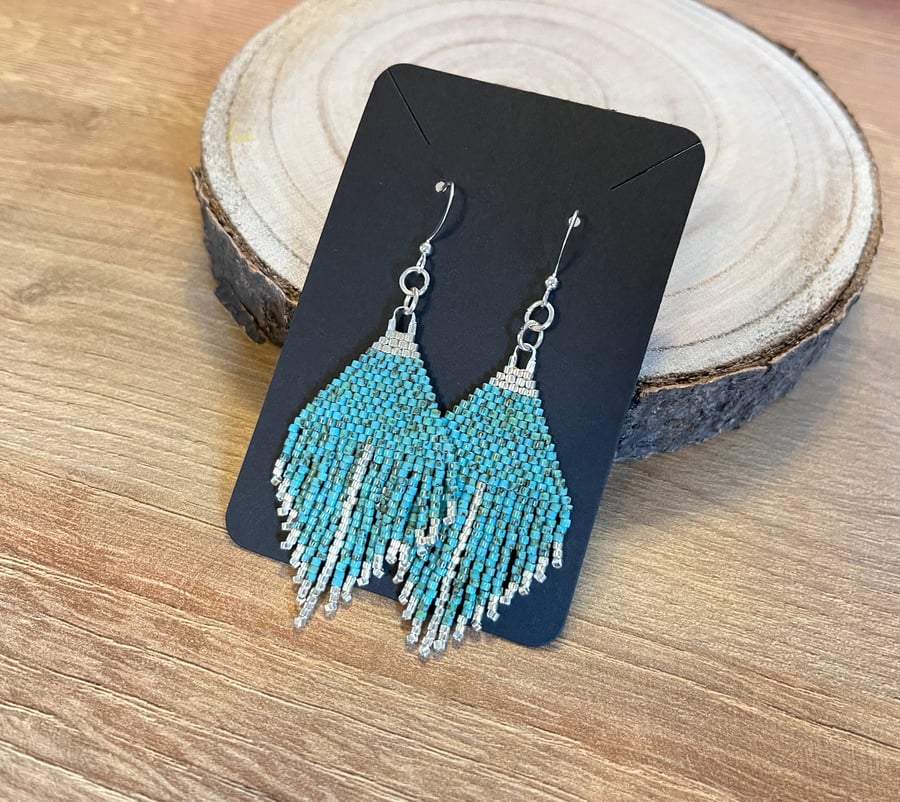 Turquoise and silver beadwork mini fringe earrings