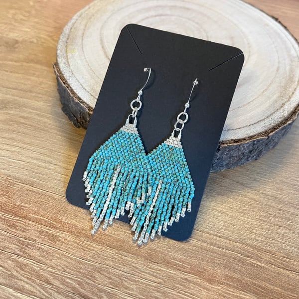 Turquoise and silver beadwork mini fringe earrings