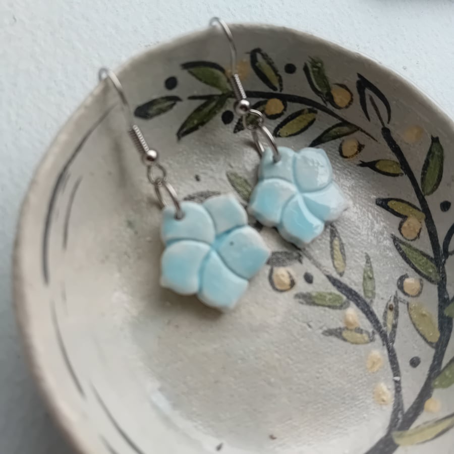 Baby blue flower porcelain clay ceramic earrings hooks surgical steel fittings 