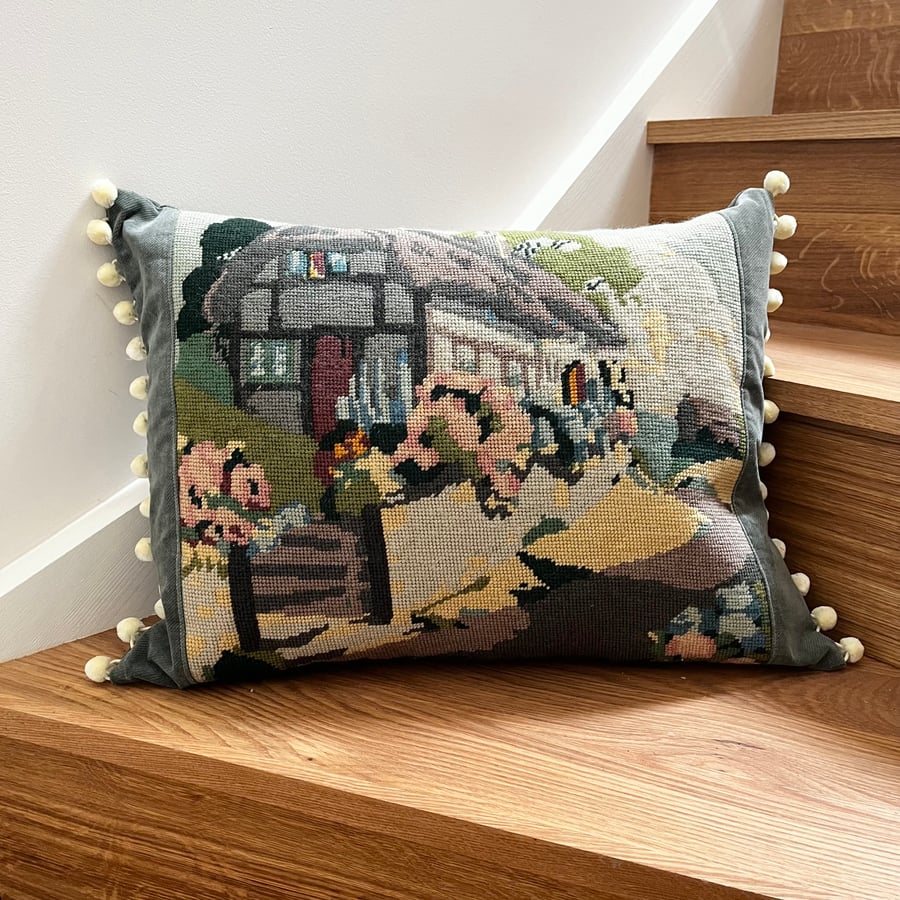 Repurposed thatched country cottage tapestry cushion with pompoms