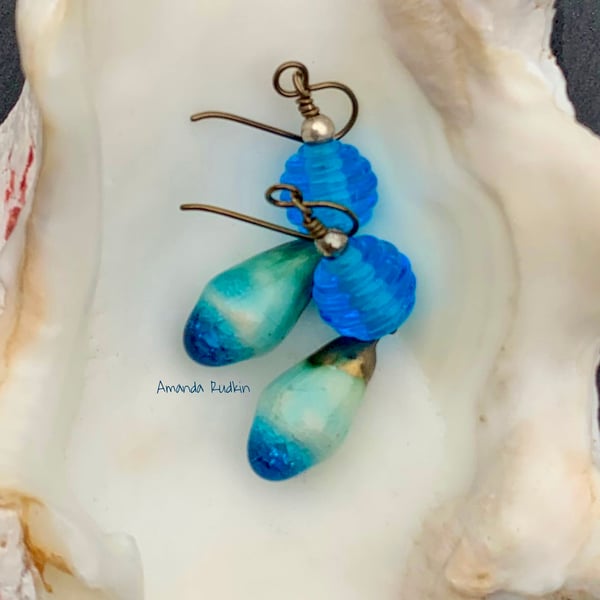 Artisan blue-green glass & ceramic dangle earrings - FREE UK P&P 
