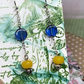 Yellow Topaz and blue glass earrings