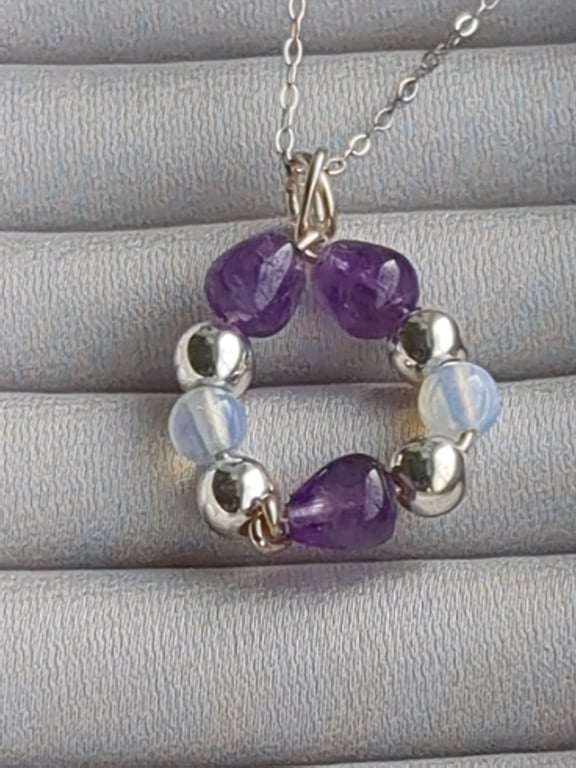 Amethyst and Opalite bead pendant in sterling silver.