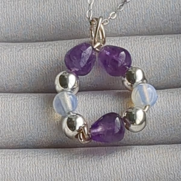 Amethyst and Opalite bead pendant in sterling silver.