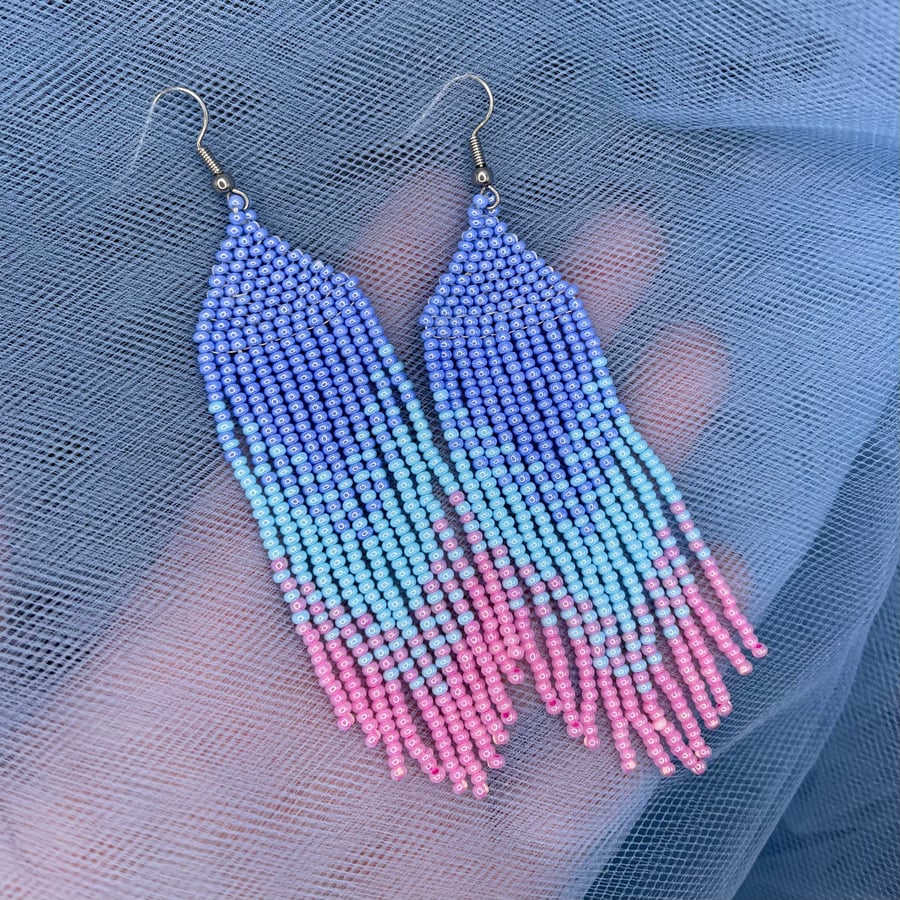 Pastel blue, purple and pink beaded chandelier earrings “Rain at dawn”