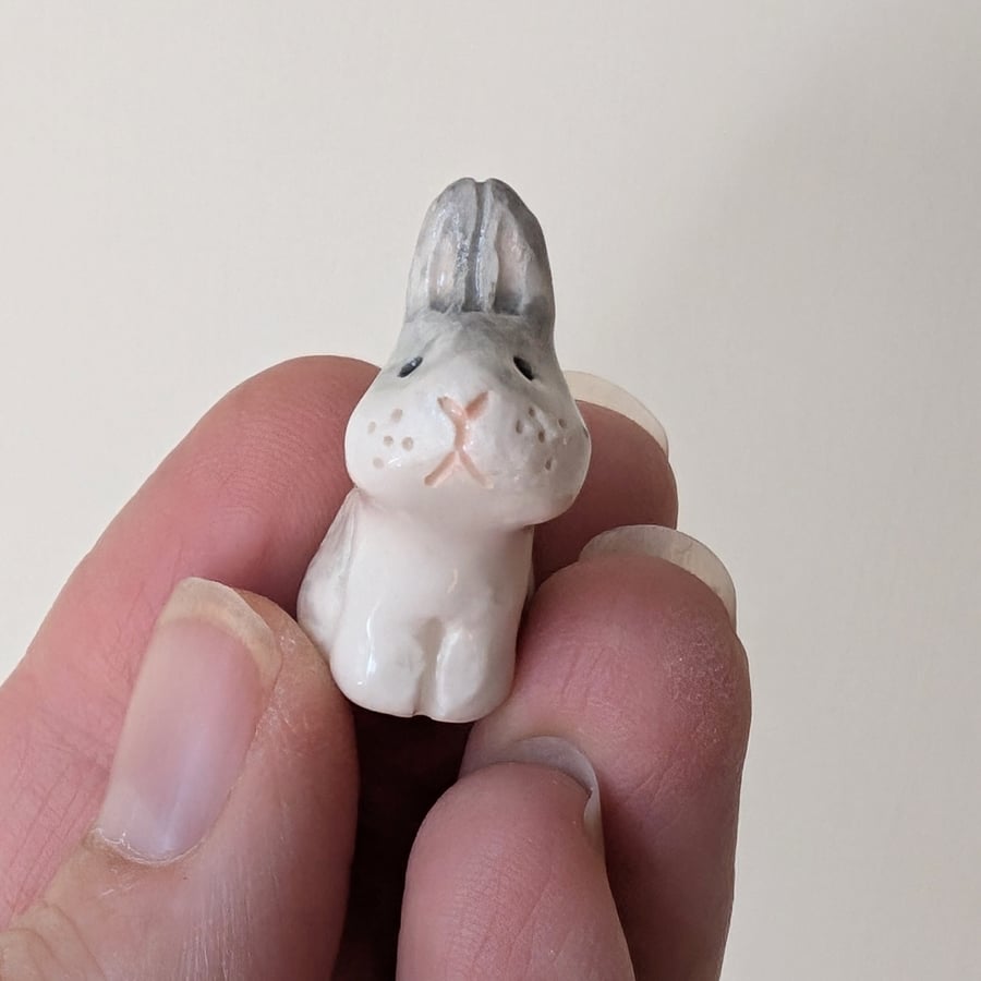 Grey and white bunny rabbit, handmade ceramic figurine 