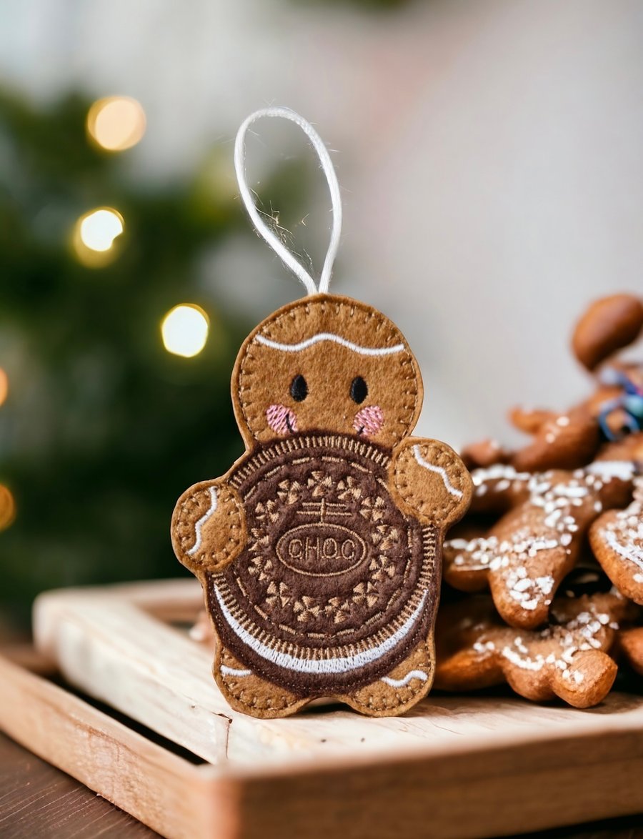 Gingerbread person holding an Oreo biscuit Embroidered Hanging Keepsake 