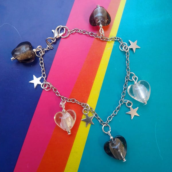 Beautiful Bracelet with Siver Stars and Glass Hearts