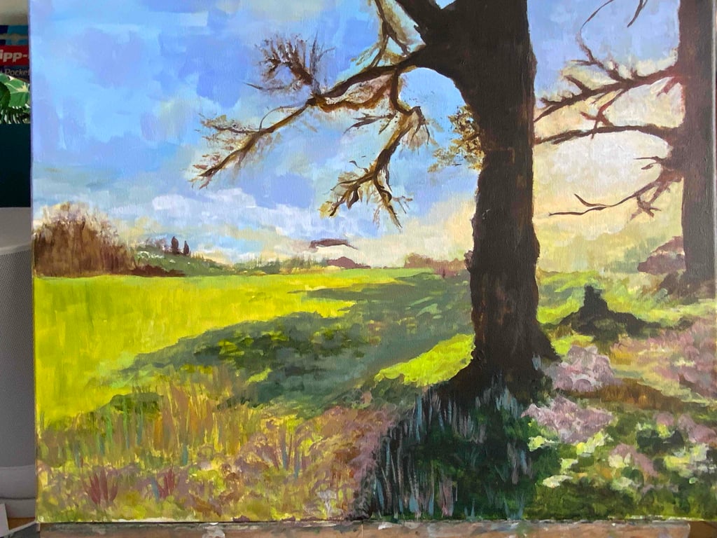 “Whispers of the Setting Sun” - Acrylic on canvas landscape painting