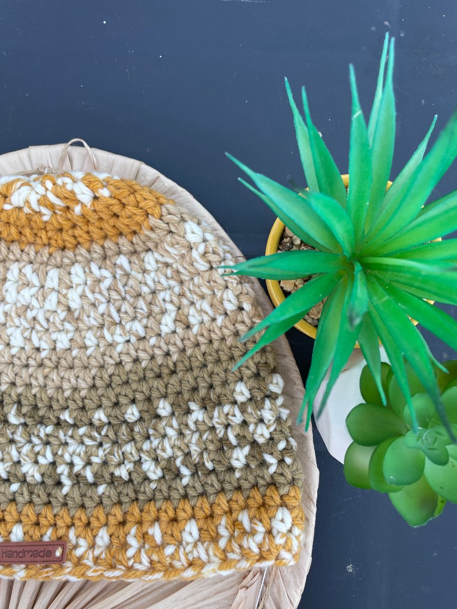 Fair Isle Style Crochet Beanie Hat in Mustard and Cream Colours 