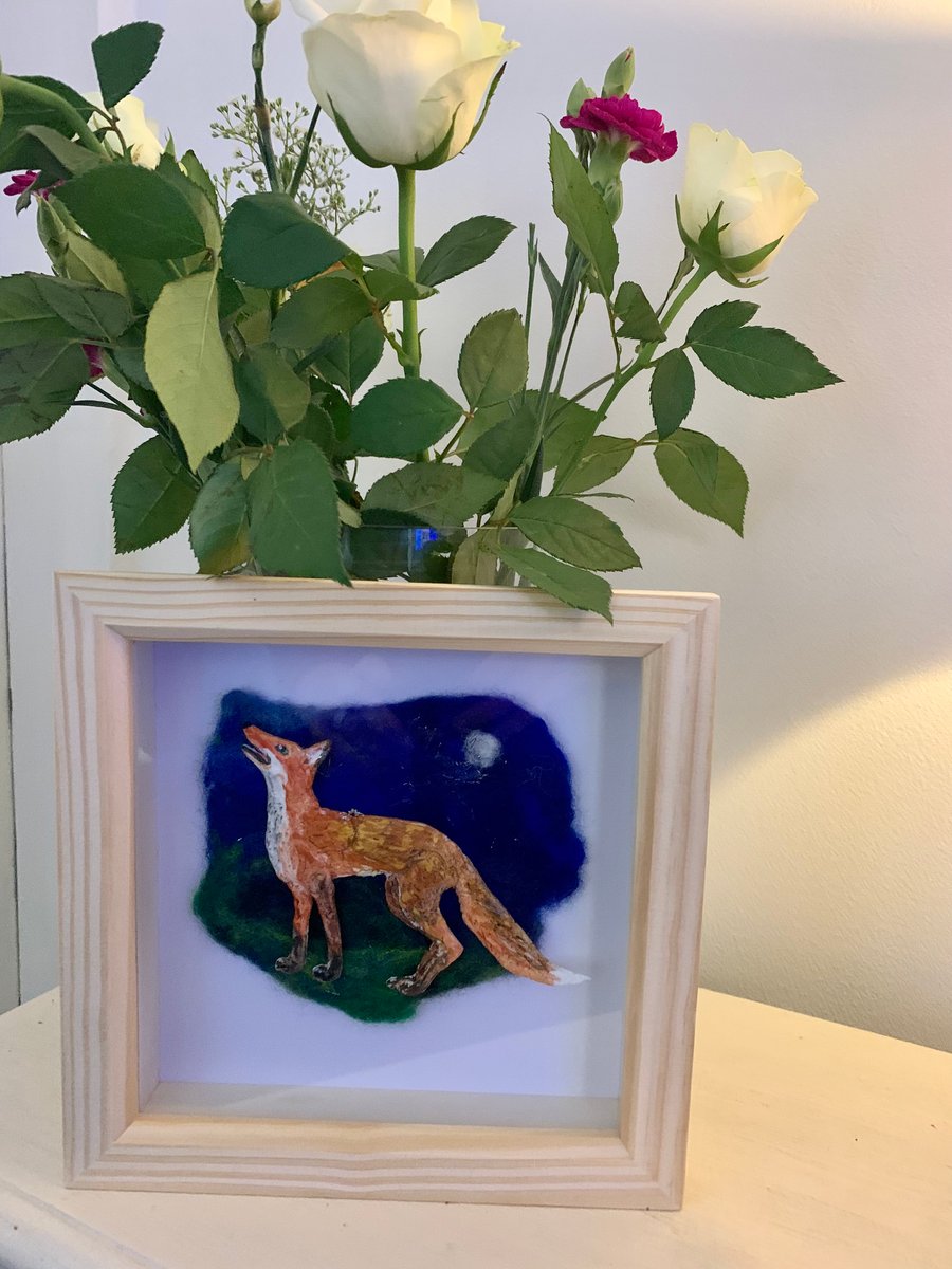 Red fox hand sculpted and felt landscape framed in a shadow box