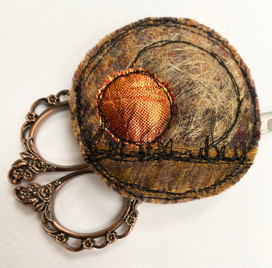 Upcycled sunset summer brooch pin or badge. 