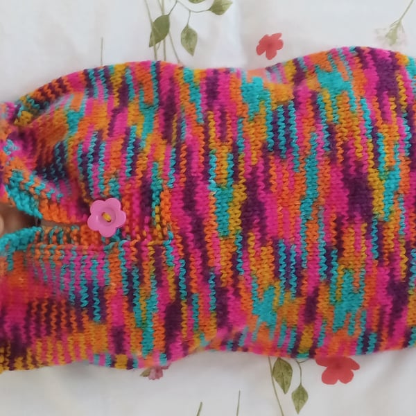 Doll Sleep Bag And Hat Hand Knitted In A Multi Coloured Yarn (A125)