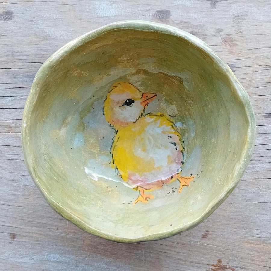 Earthenware pottery painted bowl rustic organic shape green yellow chick