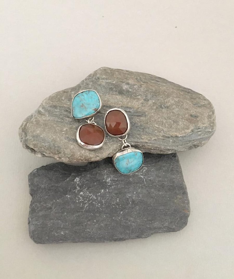 Turquoise Earrings - Boho Earrings - Silver Earrings - Asymetric Earrings