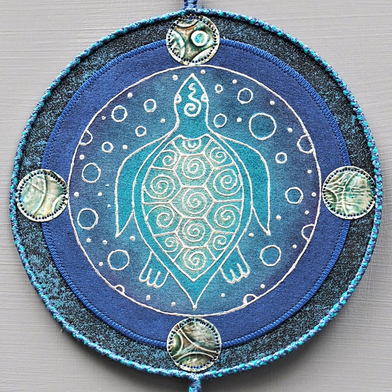 TPVM006-Turtle Totem Mandala Wall Hanging-17.5cm diameter-Blue-Turquoise-Silver