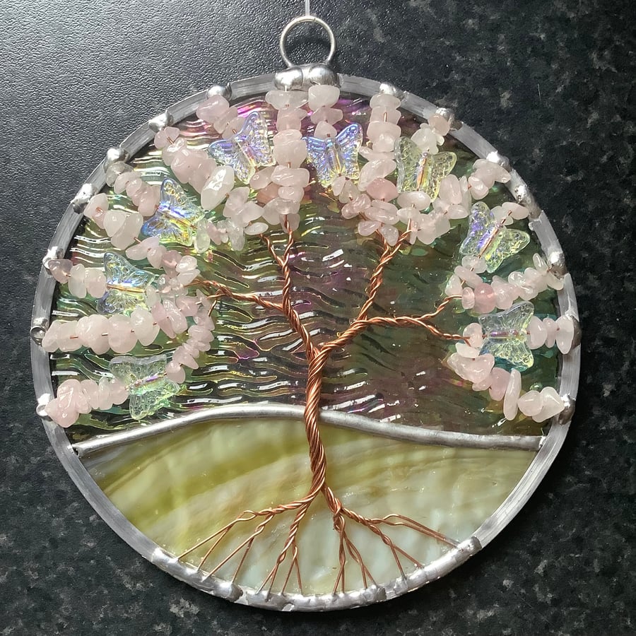 Rose quartz with butterflies tree of life suncatcher