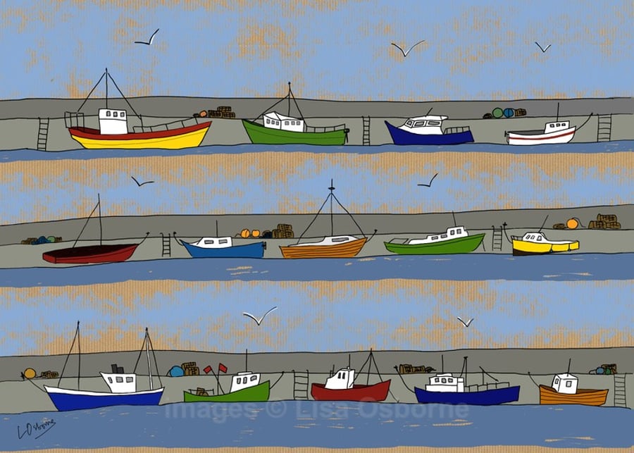 The Harbour - print of digital illustration with lots of boats