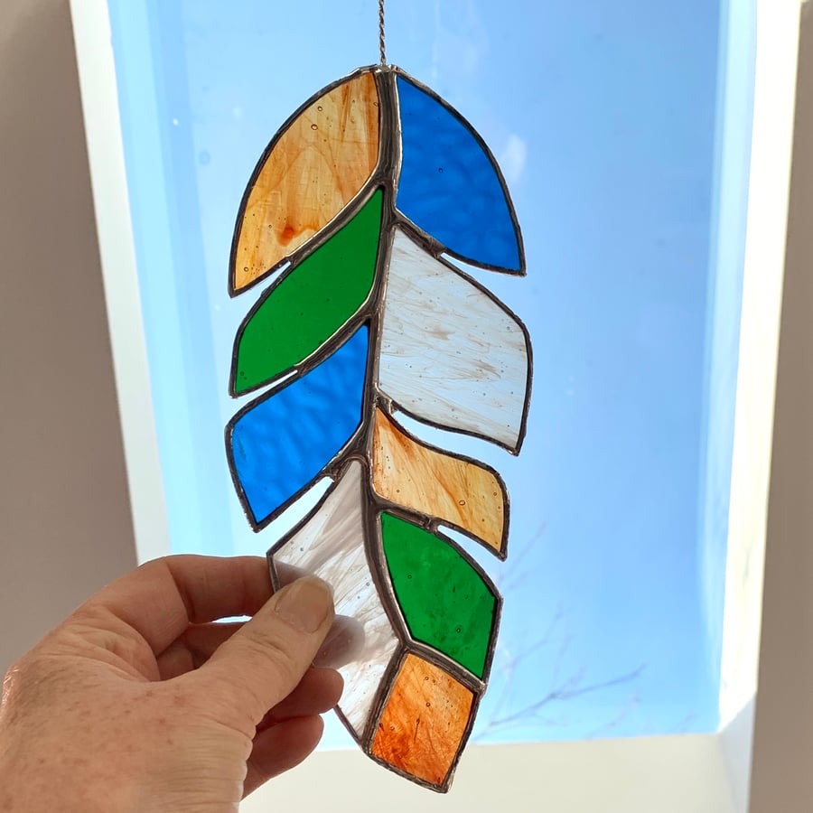 Stained Glass Feather Suncatcher - Handmade Window Decoration - Multi Mallard