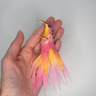Hummingbird Bright Yellow and Pink - Handmade Textile Brooch Pin