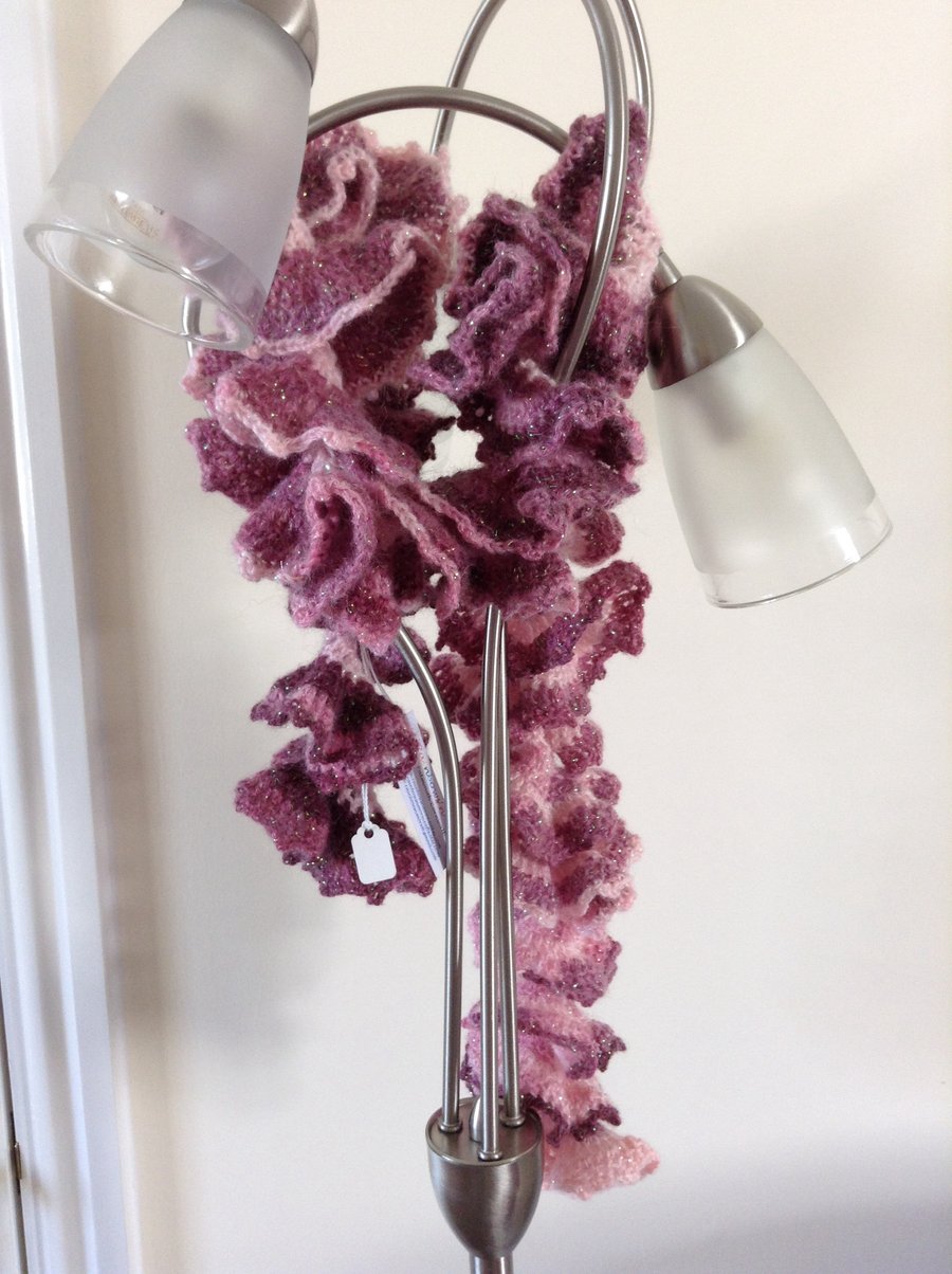 Crochet Frilly Scarf in Shades of Pink with added Sparkle