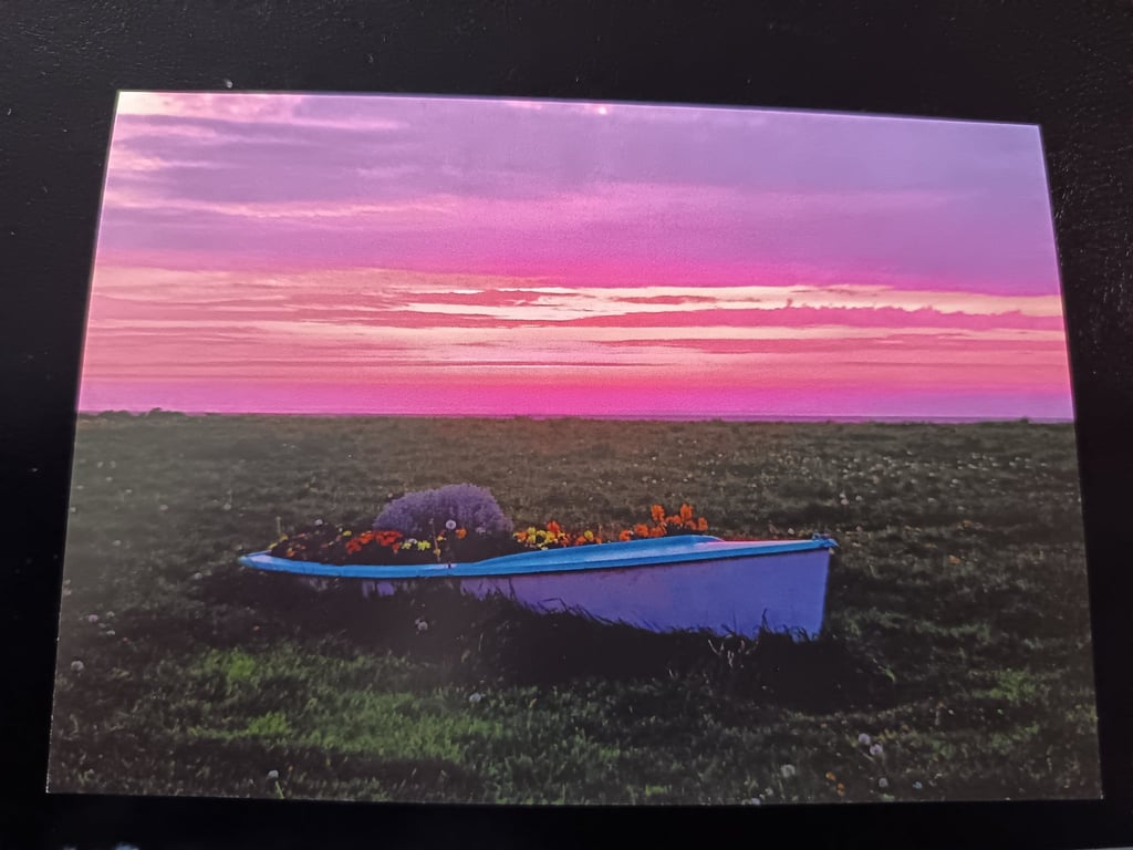 A6 blank greetings card: Hoylake flower-boat sunset photograph