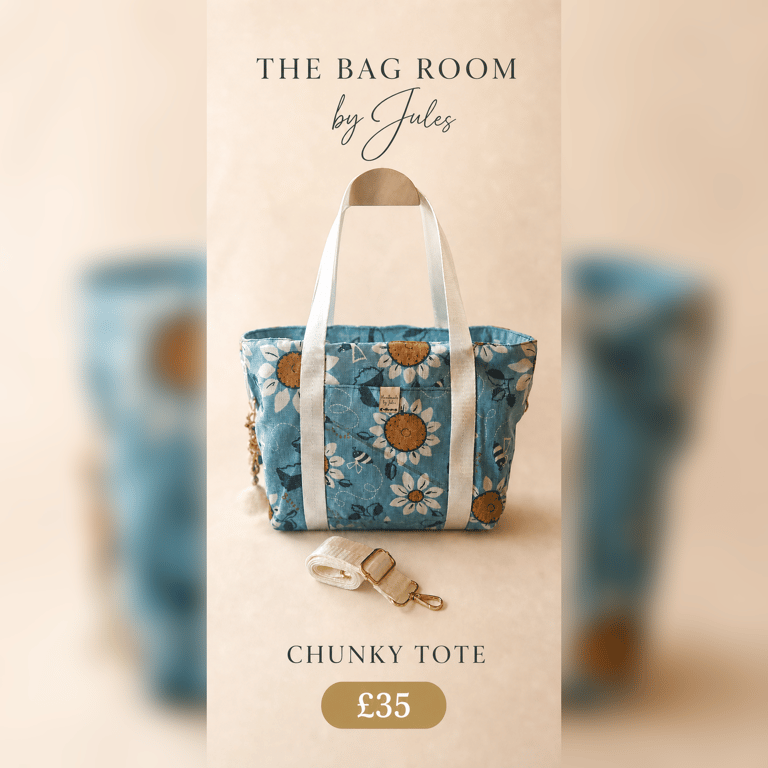 Chunky Tote Bag in a Blue Sunflower Print Fabric