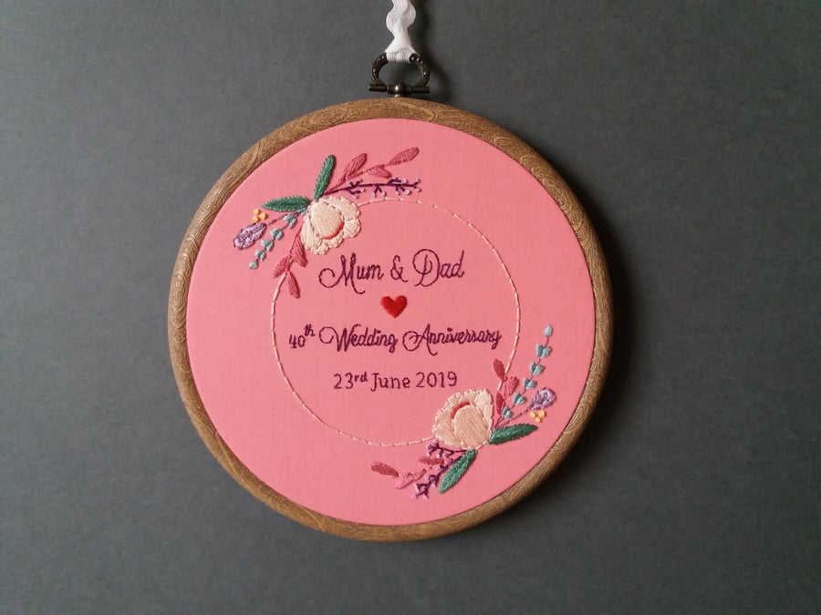Floral Blush Wedding Gift, Wedding Anniversary Gift, Hand Embroidered Hoop