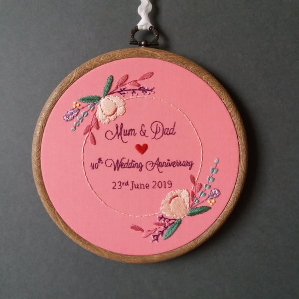 Floral Blush Wedding Gift, Wedding Anniversary Gift, Hand Embroidered Hoop