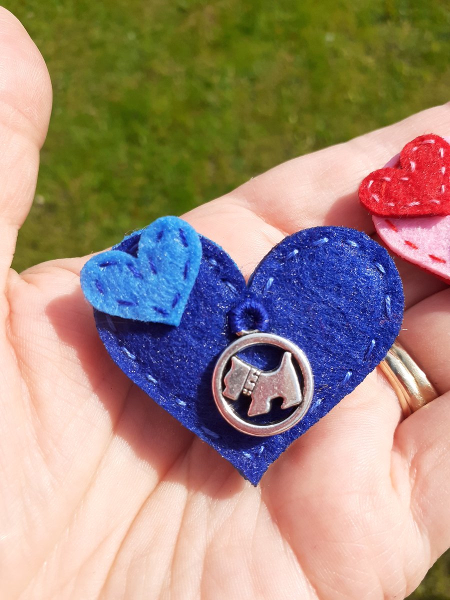 Scottie dog brooch, blue brooch, heart shaped brooch