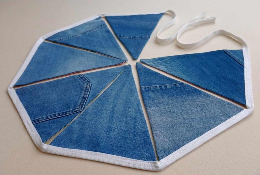 Reversible Bunting - vintage denim jeans and upcycled football print