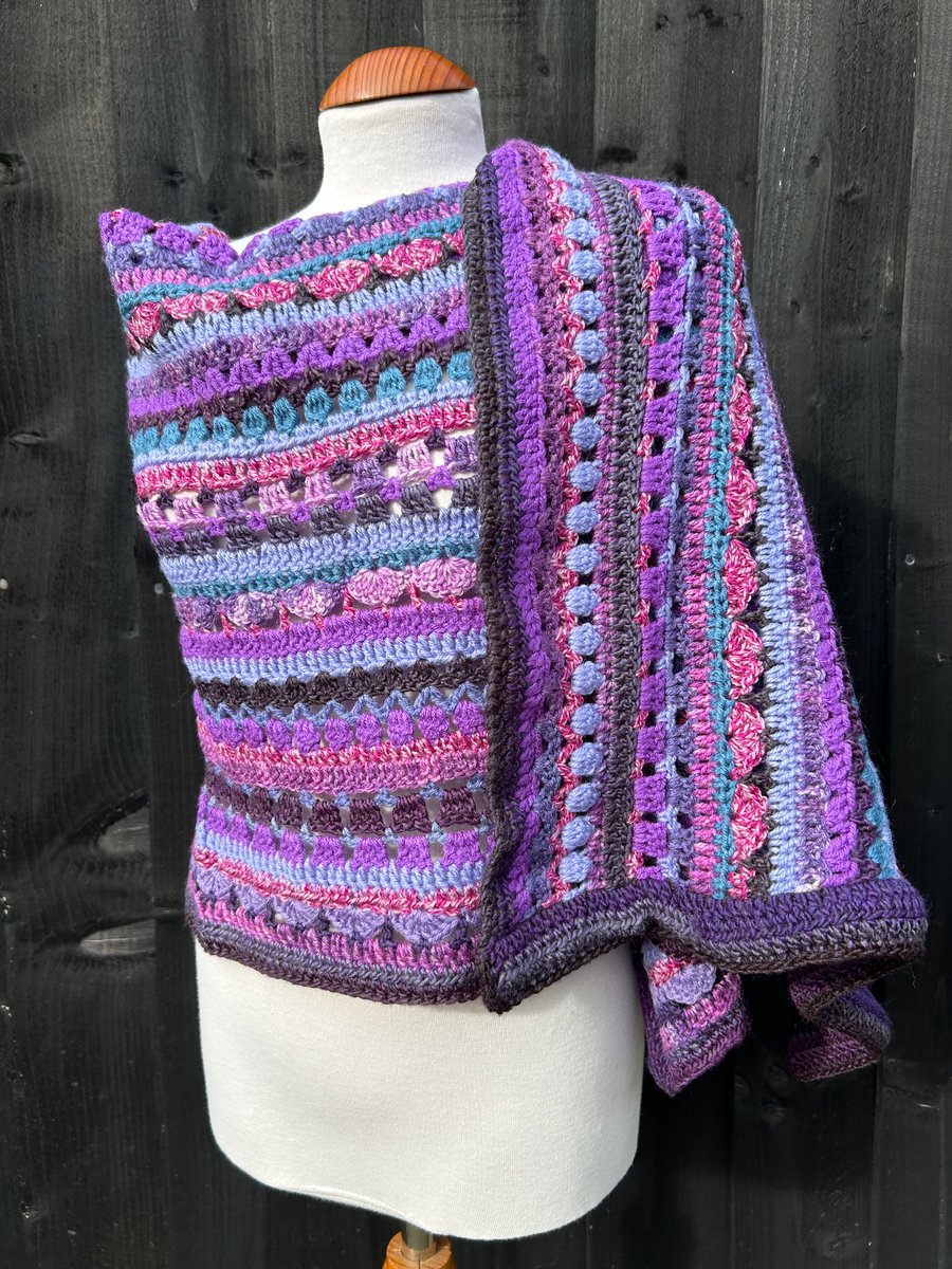 Purple Striped Wool Handmade Rectangular Lace Shawl Wrap Oversized Scarf