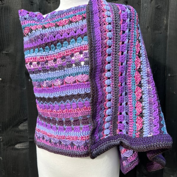 Purple Striped Wool Handmade Rectangular Lace Shawl Wrap Oversized Scarf