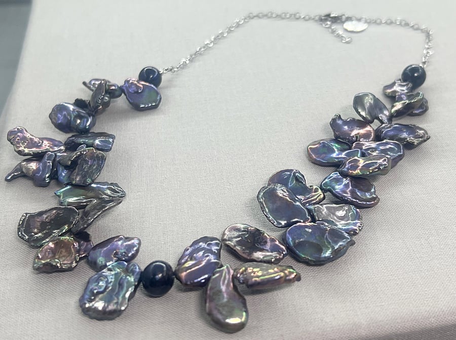 Peacock Blue Large Irregular Keshi Pearl Necklace