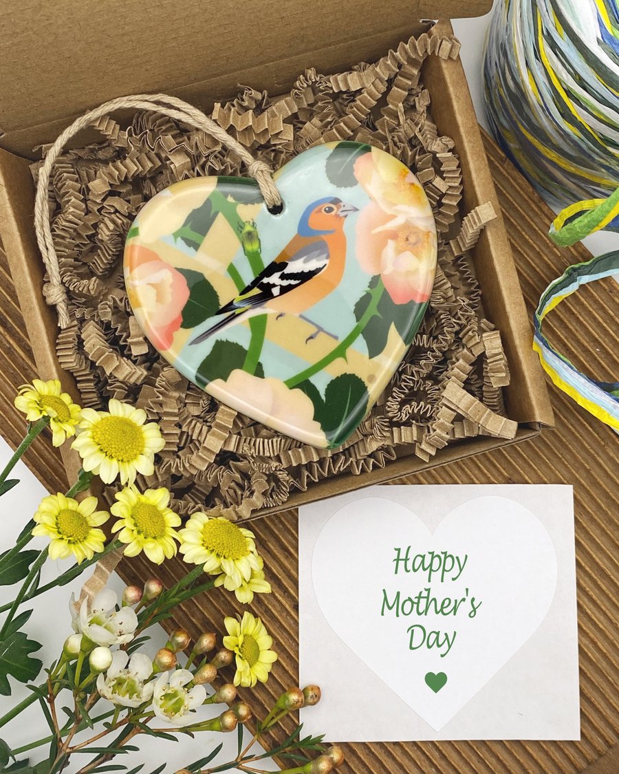 Chaffinch with Climbing Roses Heart - Summer Wall Hanging Decor & Keepsake Gift