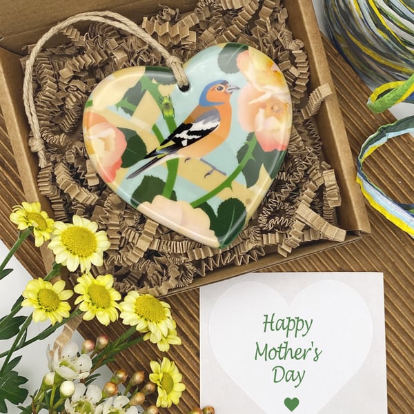 Chaffinch with Climbing Roses Heart - Summer Wall Hanging Decor & Keepsake Gift