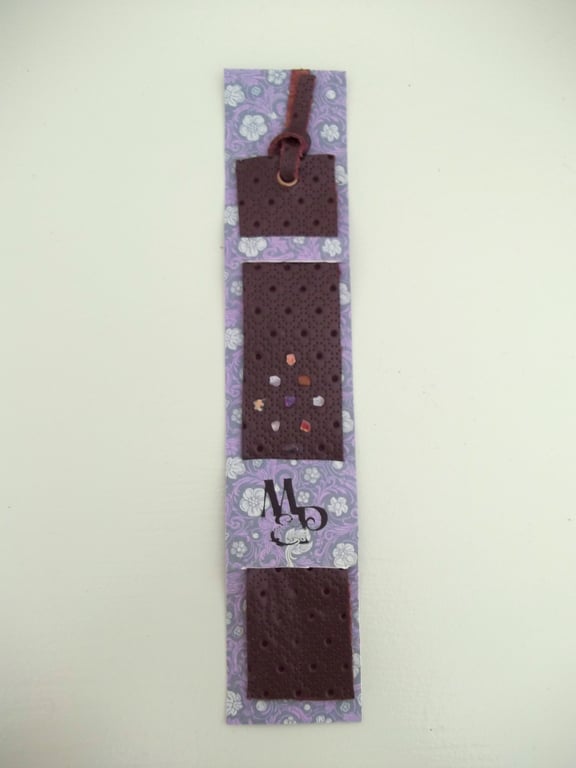 Leather Bookmark with Crystals Amethyst Centre Embossed Floral Pattern 