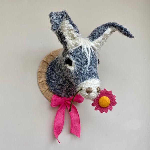 Faux taxidermy grey & cream beach seaside Donkey & pink daisy animal head wal