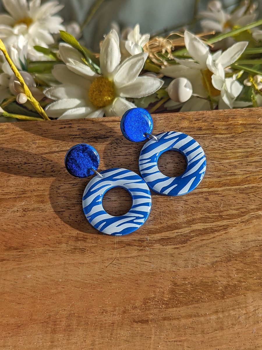 Blue Zebra Circle Hoop Earrings 