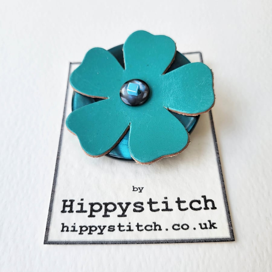 Turquoise Leather Flower & Teal Button Brooch 