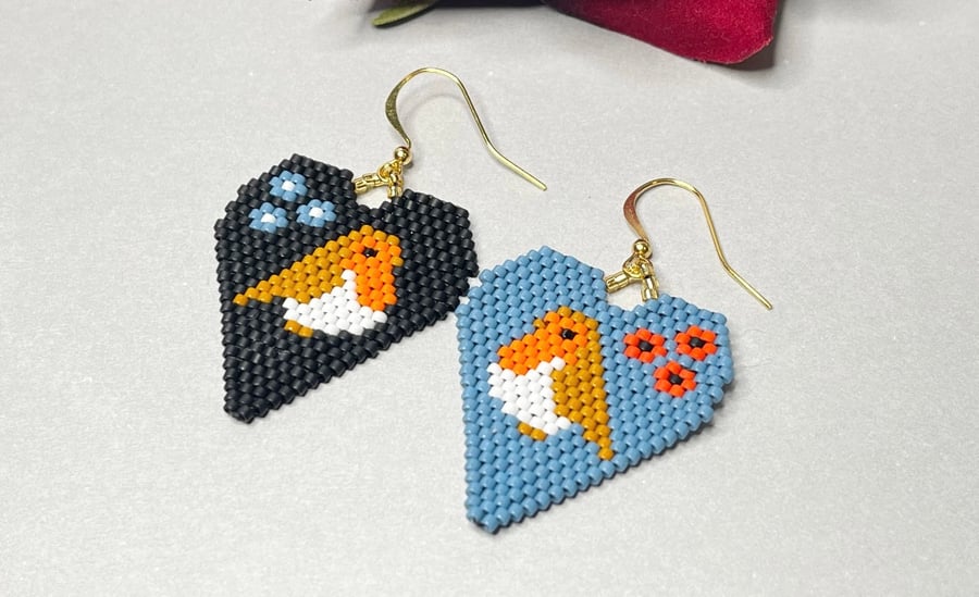 Poppy and forget me not bead woven robin earrings