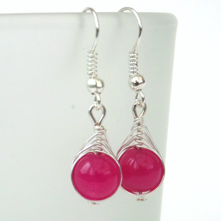 Wire wrapped rose pink jade earrings