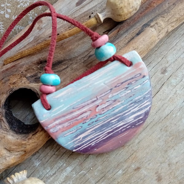 Ocean sunset necklace pendant rustic porcelain clay abstract pottery