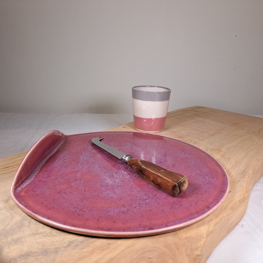 HAND MADE STONEWARE CERAMIC CHEESE PLATTER - Mulberry red glaze.