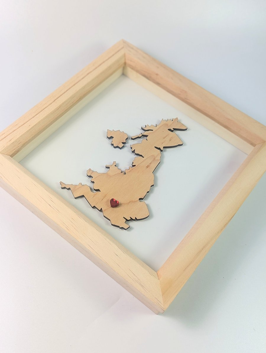 Valentine's Framed United Kingdom Personalised Location Map with custom heart
