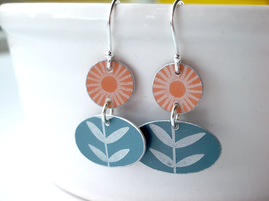 Flower and leaf earrings in orange and grey